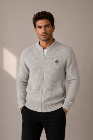 Men’s Textured Waffle Knit Zip-Up Cardigan Beige