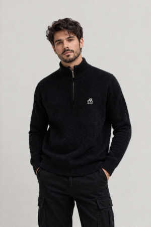 Half-Zip Ribbed Knit Pullover Black