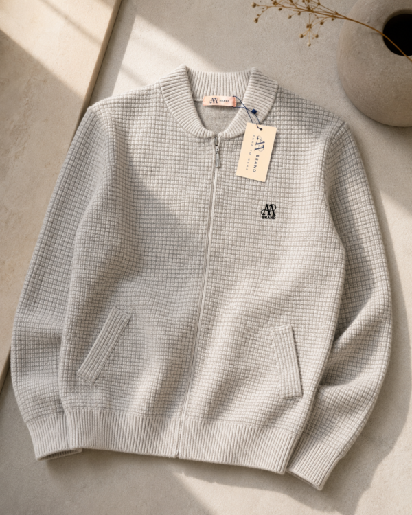 Men’s Textured Waffle Knit Zip-Up Cardigan Beige