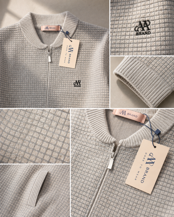 Men’s Textured Waffle Knit Zip-Up Cardigan Beige