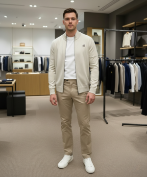 Men’s Zip-Up Knit Jacket – Minimal Style Beige