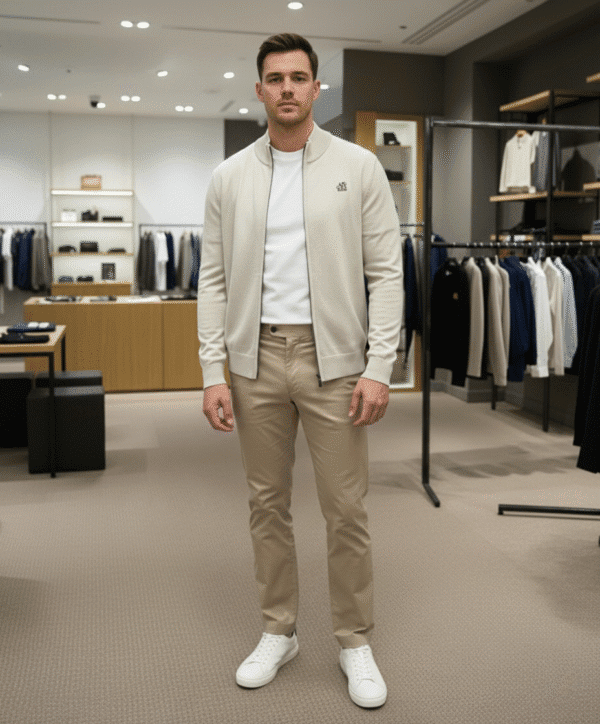 Men’s Zip-Up Knit Jacket – Minimal Style Beige