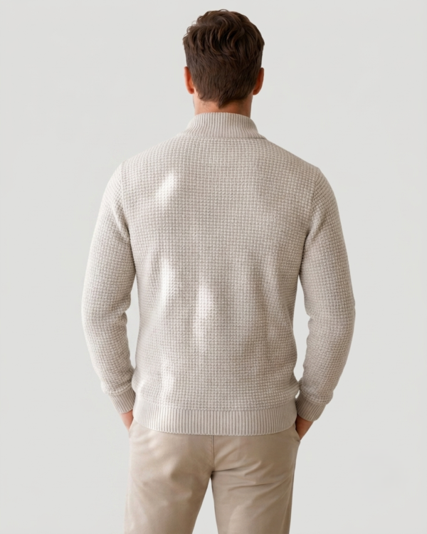 Men’s Textured Waffle Knit Zip-Up Cardigan Beige