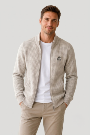 Men’s Textured Waffle Knit Zip-Up Cardigan Beige