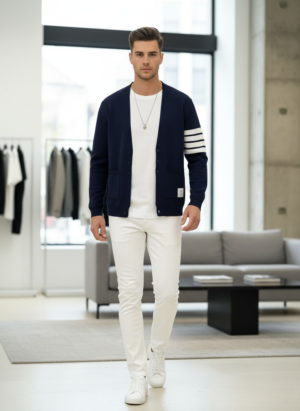 Men’s Classic Striped Sleeve Cardigan Navy Blue