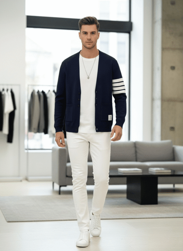 Men’s Classic Striped Sleeve Cardigan Navy Blue