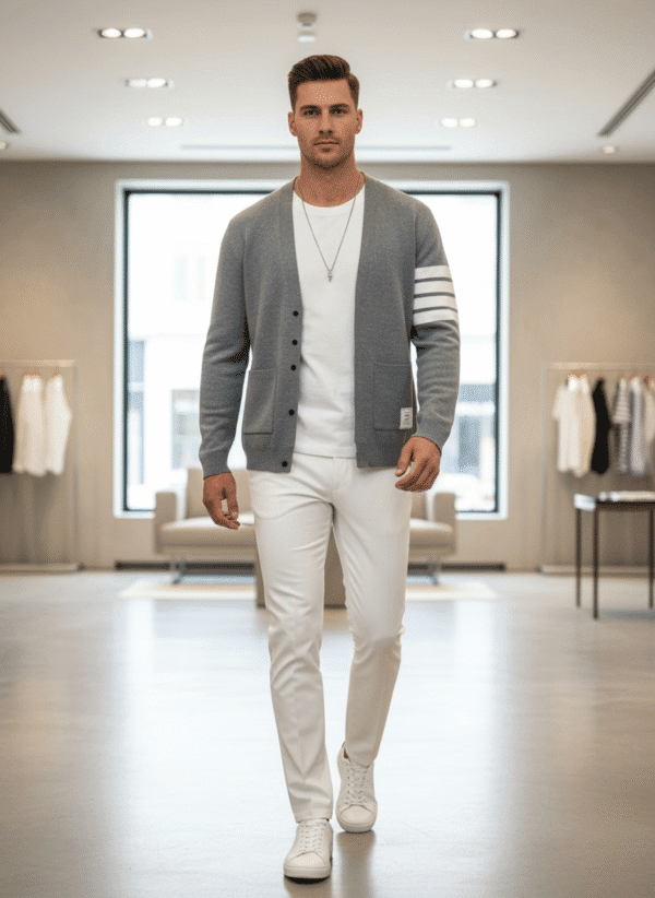 Men’s Classic Striped Sleeve Cardigan Light Gray