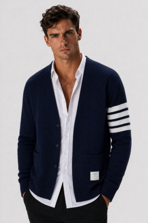 Men’s Classic Striped Sleeve Cardigan Navy Blue