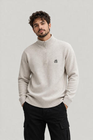 Half-Zip Ribbed Knit Pullover Beige