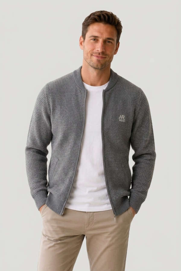 Men’s Textured Waffle Knit Zip-Up Cardigan Gray