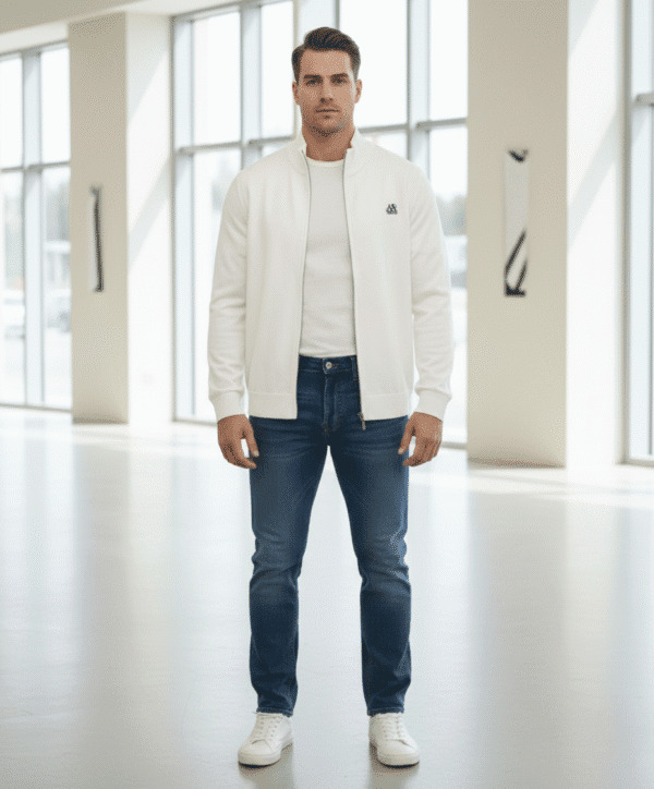Men’s Zip-Up Knit Jacket – Minimal Style White