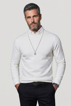 Men’s High-Neck Knit Sweater – Essential Classic White