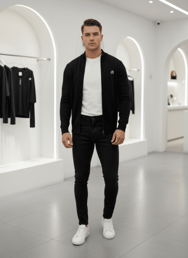 Men’s Zip-Up Knit Jacket – Minimal Style Black