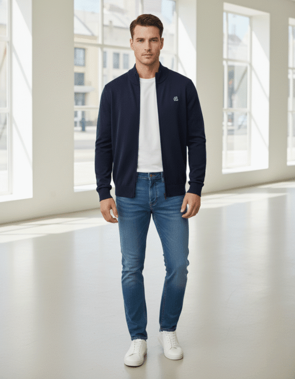 Men’s Zip-Up Knit Jacket – Minimal Style  Navy Blue