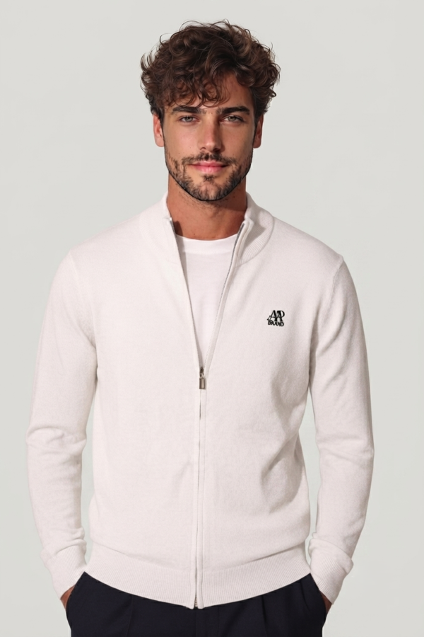 Men’s Zip-Up Knit Jacket – Minimal Style White
