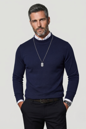 Men’s High-Neck Knit Sweater – Essential Classic Navy Blue