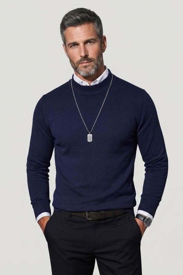 Men’s High-Neck Knit Sweater – Essential Classic Navy Blue