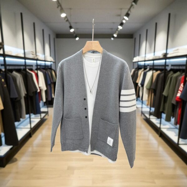 Men’s Classic Striped Sleeve Cardigan Light Gray