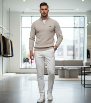 Half-Zip Ribbed Knit Pullover Beige