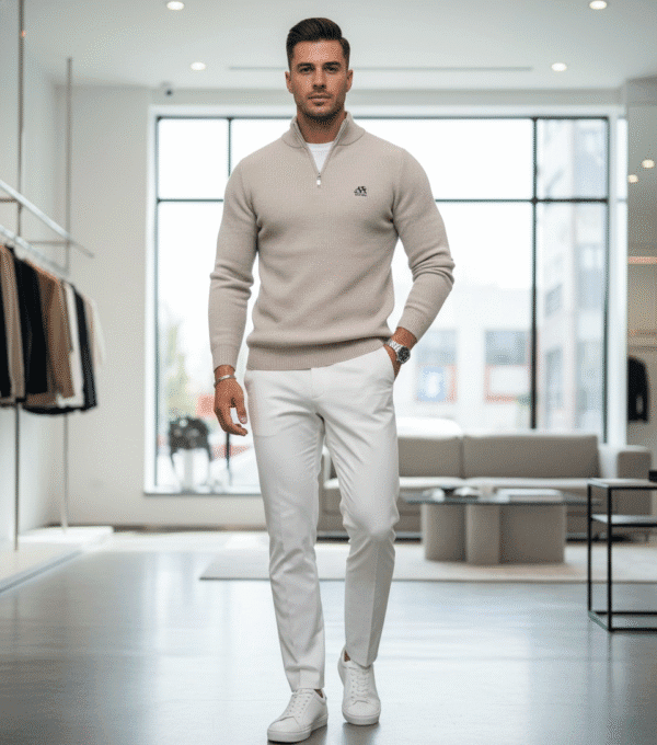 Half-Zip Ribbed Knit Pullover Beige