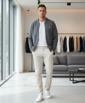 Men’s Textured Waffle Knit Zip-Up Cardigan Gray