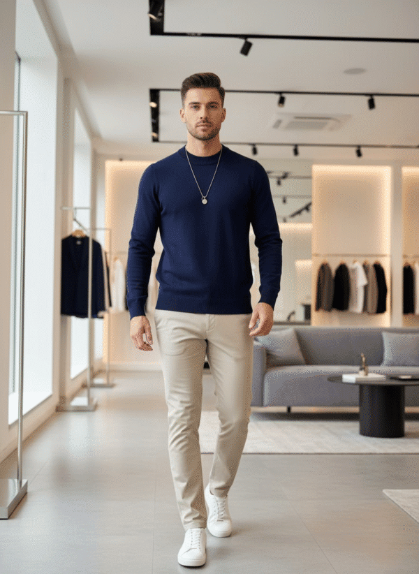 Men’s High-Neck Knit Sweater – Essential Classic Navy Blue